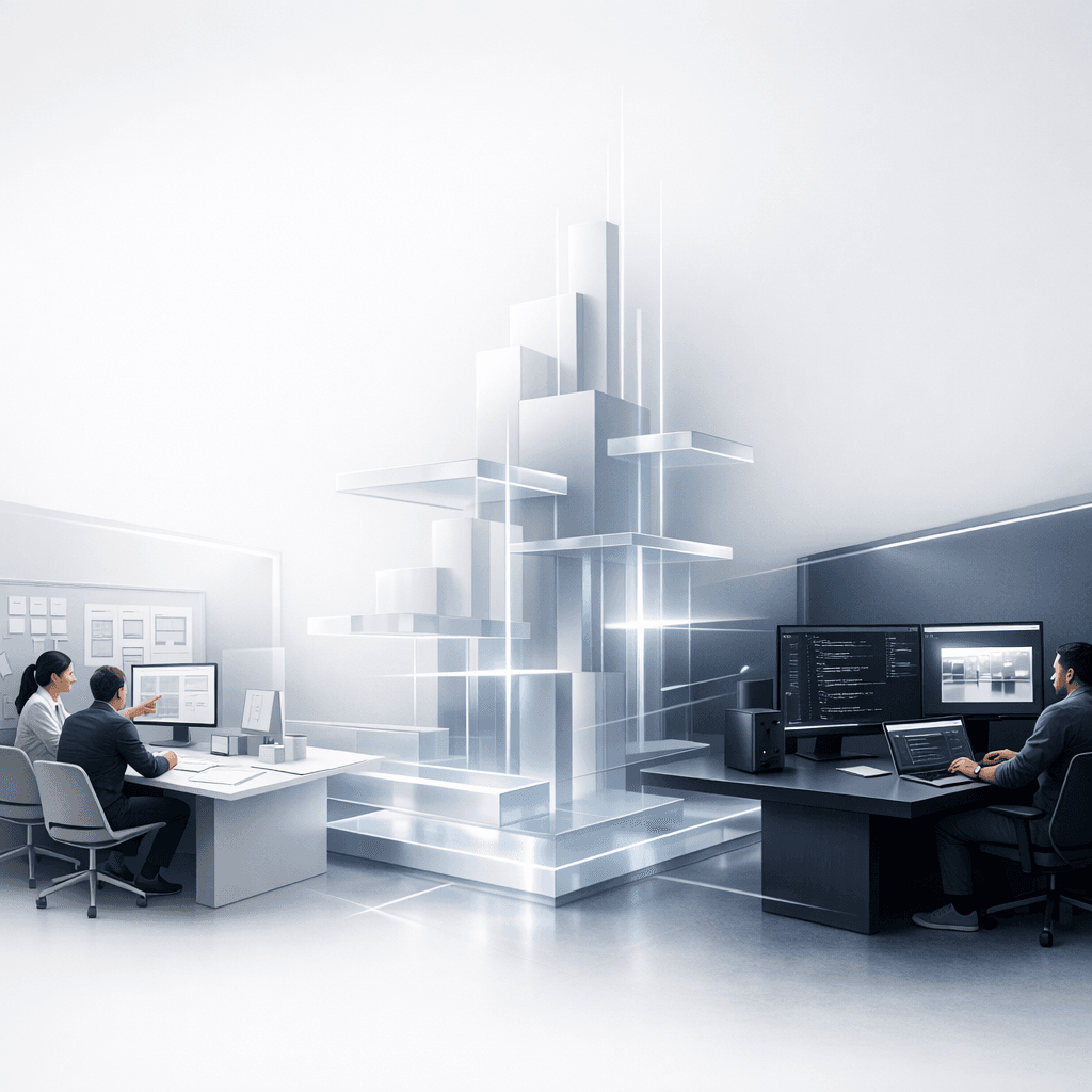 Custom illustration showing a distributed engineering team collaborating with a New York business through architecture planning, code reviews and deployment.